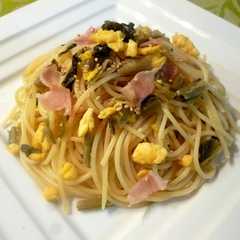รูปของ 野沢菜の麺つゆガーリックパスタ♪