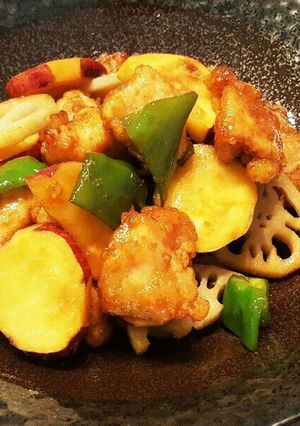 鶏竜田揚げと根菜の甘酢炒め-レシピのメイン写真