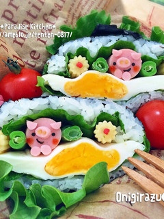 キャラ弁*簡単♪ブタちゃんデコおにぎらず-レシピのメイン写真