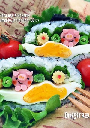 キャラ弁＊簡単♪ブタちゃんデコおにぎらず-レシピのメイン写真