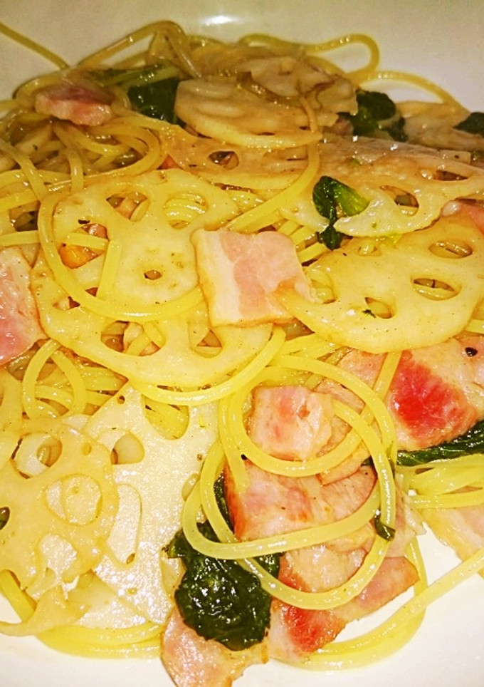 蓮根と小松菜とベーコンの和風パスタ-レシピのメイン写真