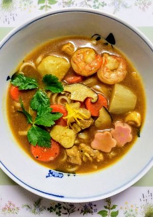 正月ランチ！雑煮余りでエビカレーうどん-レシピのメイン写真