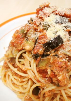 ナスと鮭の水煮の冷製トマトスパゲッティ♪-レシピのメイン写真