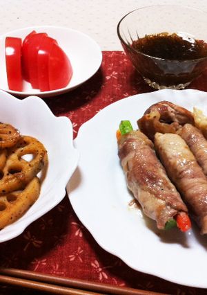 肉巻きと蓮根ステーキの献立２月２２日-レシピのメイン写真
