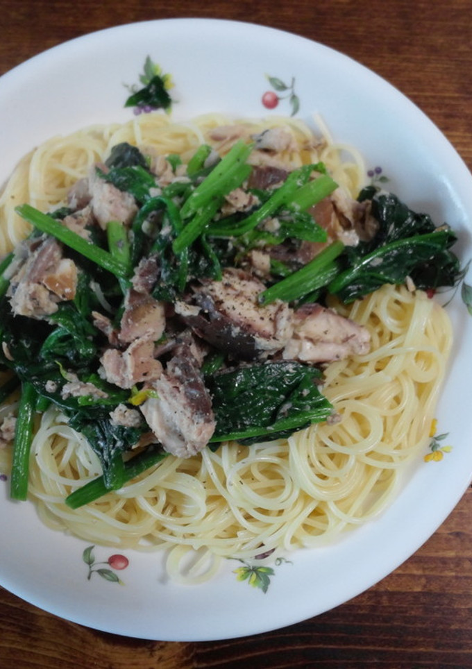 サバ水煮缶とほうれん草のパスタ-レシピのメイン写真