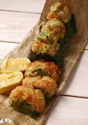 ハッシュドタラモそば＆そばめし天むす弁当-レシピのメイン写真