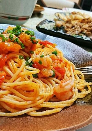 海老のﾁﾘｿｰｽﾊﾟｽﾀ-レシピのメイン写真