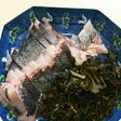 皮付き、スズキの昆布〆刺身