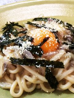豆乳でヘルシー♪和風カルボナーラうどん-レシピのメイン写真