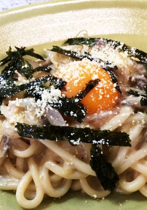 豆乳でヘルシー♪和風カルボナーラうどん-レシピのメイン写真