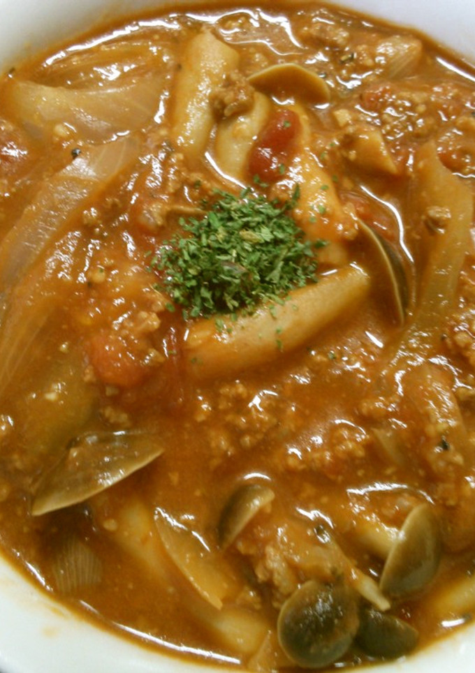 挽き肉と　玉ねぎ　しめじの　トマト煮込み-レシピのメイン写真