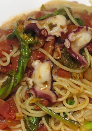 菜の花とタコのトマトソーススパ-レシピのメイン写真