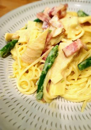 旬を味わう♡たけのこ&春野菜カルボナーラ-レシピのメイン写真
