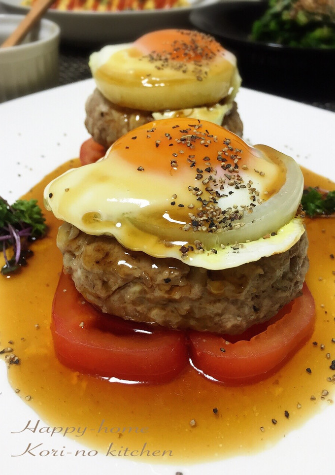 玉ねぎ目玉焼き乗せ♡みたらし蓮根バーグ♡-レシピのメイン写真