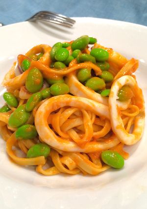 糖質制限パスタ!枝豆とイカのカニクリーム-レシピのメイン写真