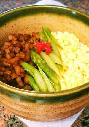 お肉なし＊筍とアスパラで春の三色そぼろ丼-レシピのメイン写真