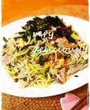 白だしバター♬豚肉と根三つ葉の簡単パスタ
