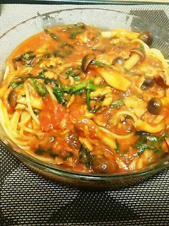 春菊とツナとキノコの和風トマトパスタ-レシピのメイン写真