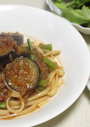 ナスとインゲンのミートソーススパゲティ-レシピのメイン写真