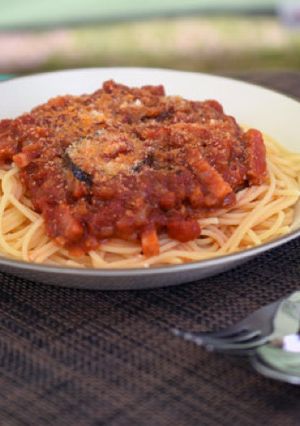 キャンプxなすとベーコンのトマトパスタ-レシピのメイン写真