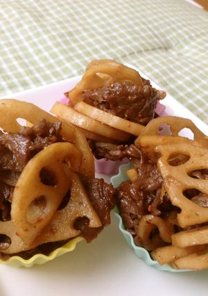 お弁当に!牛肉とレンコンの甘辛炒め♪-レシピのメイン写真
