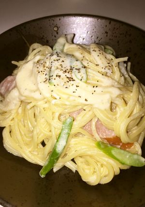 アスパラと新玉ねぎの全卵カルボナーラ☆-レシピのメイン写真