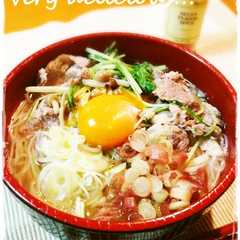 รูปของ 豚と水菜で簡単♬キレイなお月見にゅう麺