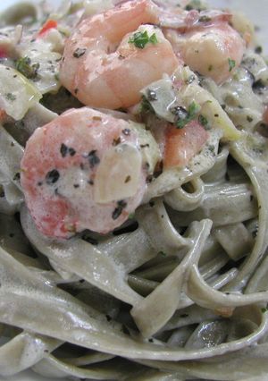 そばパスタ（野沢菜）＆エビバジルクリーム-レシピのメイン写真