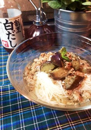 茄子×挽肉×バジルの冷た〜い素麺。-レシピのメイン写真