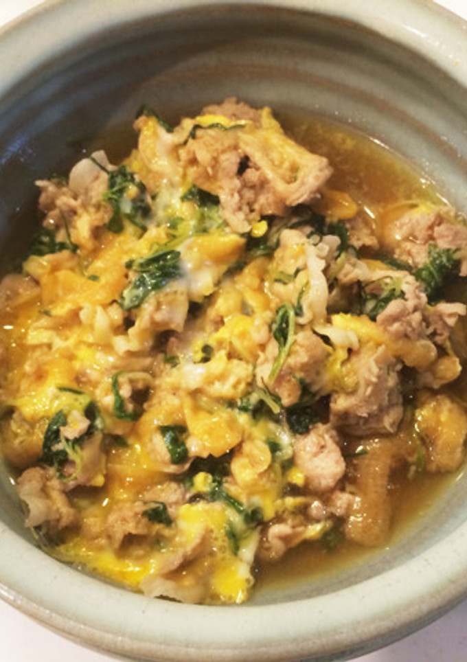 麺汁で簡単！水菜と豚肉の玉子とじ-レシピのメイン写真
