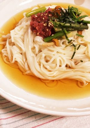 暑い日に!山菜と梅の冷やし稲庭うどん-レシピのメイン写真