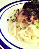 簡単 レンジで明太子と海苔のうどん