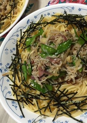絹さやと茗荷の✿しらすスパゲティー✿-レシピのメイン写真