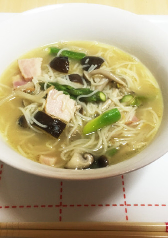 アスパラときのこの和風スープそうめん-レシピのメイン写真
