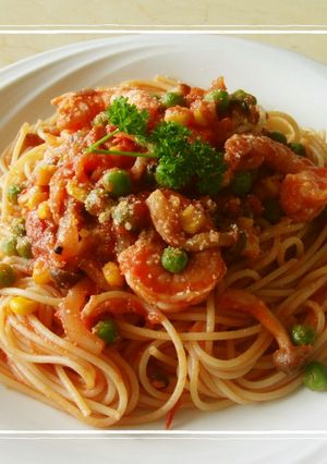 うすいえんどうとエビのトマトパスタ-レシピのメイン写真
