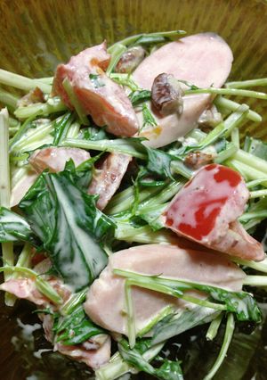 トマトと水菜、魚肉ソーセージのわさびマヨ-レシピのメイン写真