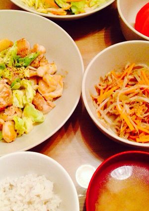 節約★鶏肉オイマヨ炒め&もやしナムル定食-レシピのメイン写真