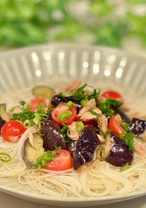 簡単☆茄子とトマトの冷製スープ素麺-レシピのメイン写真