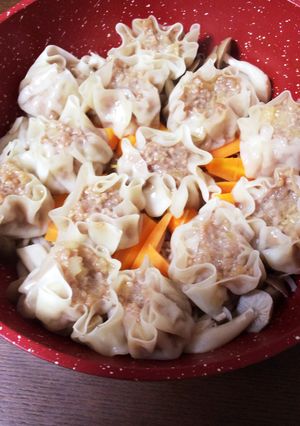 フライパンで簡単、シュウマイと蒸し野菜-レシピのメイン写真