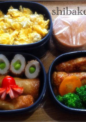 卵そぼろ竹輪枝豆鶏照焼春巻お弁当盛付覚書-レシピのメイン写真