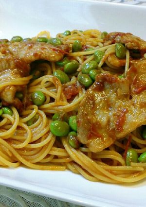 豚バラと枝豆とトマトのバター醤油パスタ-レシピのメイン写真