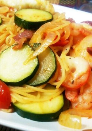 夏野菜と海老のパスタ｡・:＋°-レシピのメイン写真