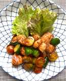 黒酢で鶏もも肉と夏野菜の炒め物