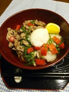 温泉卵・おろしの塩豚焼き肉冷やしうどん♪-レシピのメイン写真