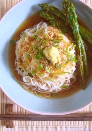 オリーブオイルがけ素麺＊季節の野菜と共に-レシピのメイン写真