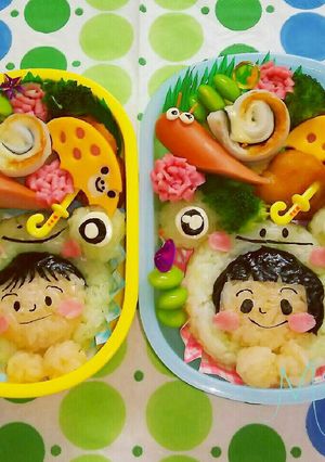 梅雨 カエルかぶり男の子・女の子キャラ弁-レシピのメイン写真