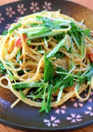 水菜とベーコンのヘルシー和風パスタ-レシピのメイン写真