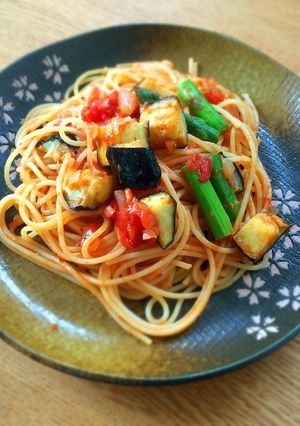 茄子とアスパラベーコンのトマトパスタ-レシピのメイン写真