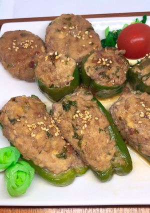 ピーマン肉詰め。ひき肉と豆腐でふんわり。-レシピのメイン写真