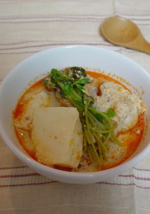 手羽元とお豆腐のすっぱ辛い豆乳スープ-レシピのメイン写真